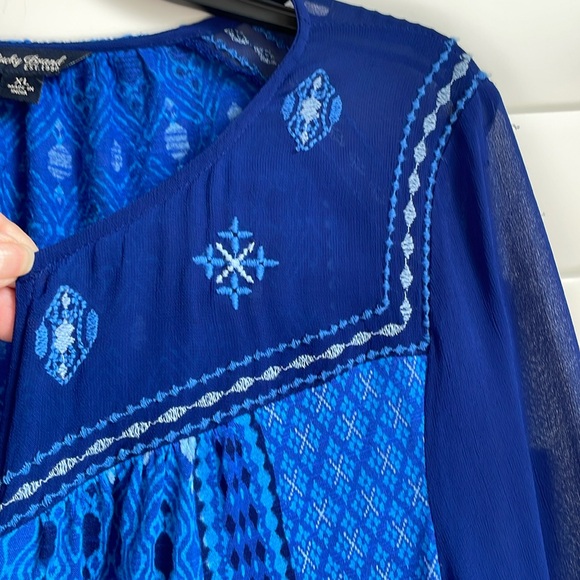 Lucky Brand women’s blue boho 3/4 sleeve pullover button up tunic top EUC - Picture 7 of 14